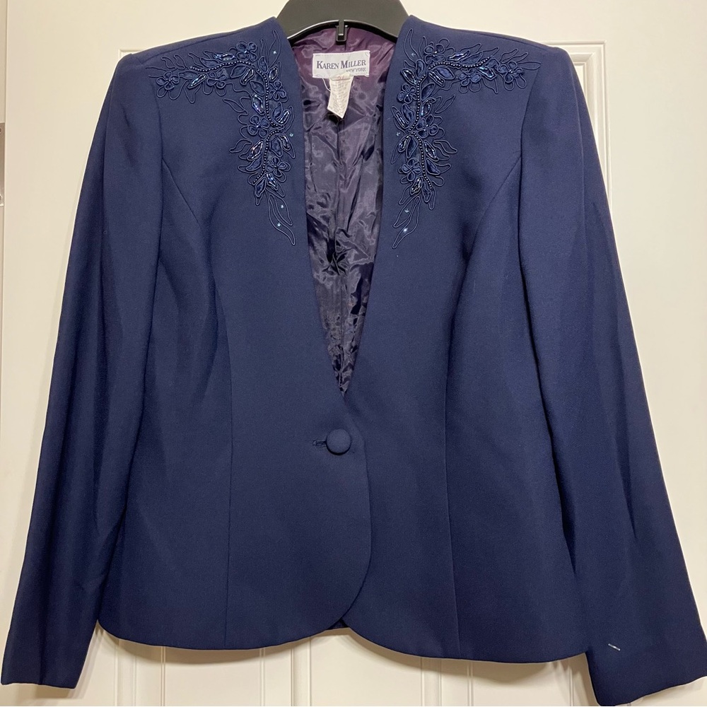 Vintage Karen Miller Women’s Floral Beaded Navy Blue Button Blazer Size 8 -  NEW